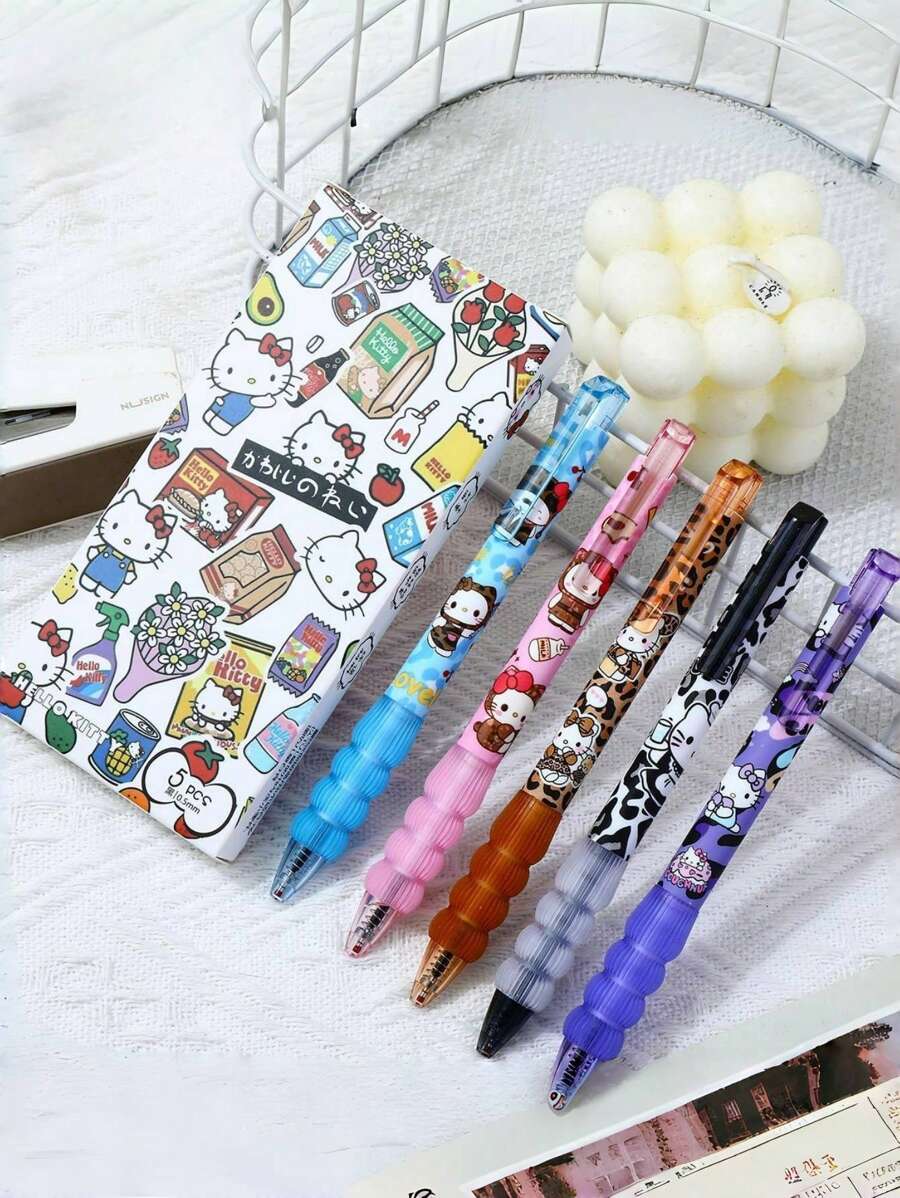 Juego de 5 bolígrafos de tinta de gel de carga súper suave con reducción de peso, secan rápido, apropiados para uso diario y como regalo de vacaciones, con estampado de leopardo y diseño de Hello Kitty de Sanrio