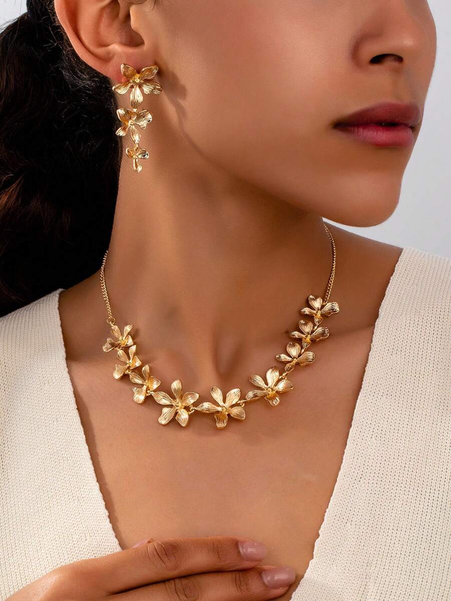 3 Stück modisches, elegantes Metall Schmuckset inklusive Ohrringe und Halskette, geeignet für Frauen Partys, Bankette und den täglichen Outfit