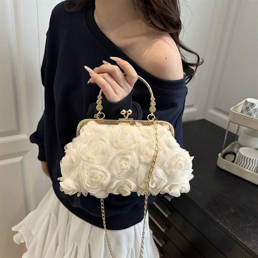 Women's Evening Clutch Purse Elegant Flowers Formal Handbag With Chain Strap For Wedding Cocktail Party