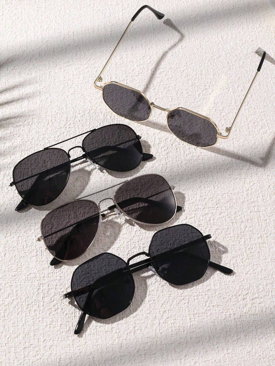 4pcs Stylish And Retro Polygonal Metal Frame Decorative Glasses For Teens, Suitable For Daily Outfits And Photography, Casual ABS Plastic Year-Round Preppy Style For Back To School