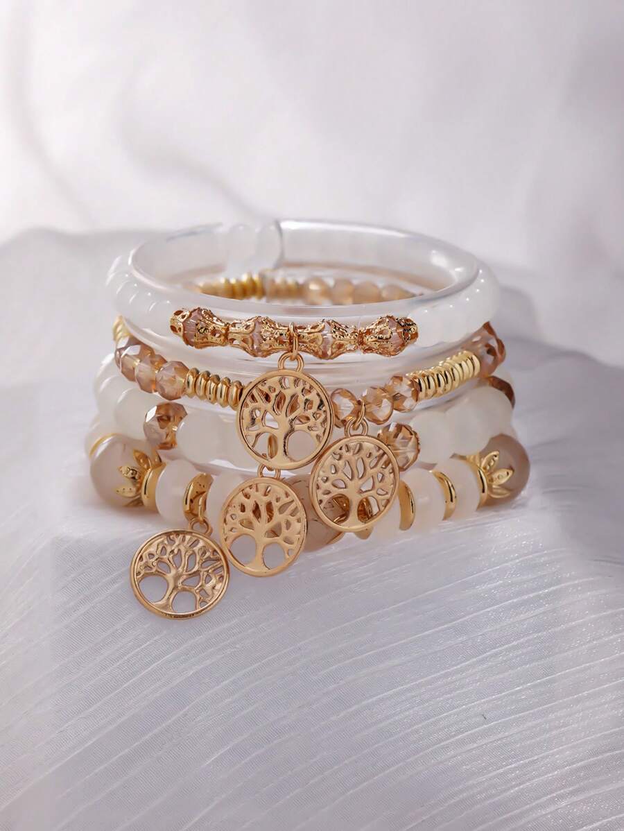 4 peças/Conjunto Boêmio Elegante Delicado Pulseira de Contas Pingente Árvore da Vida Dourada, Adequado para Decorações Diárias de Mulheres, Festas de Aniversário, Viagens