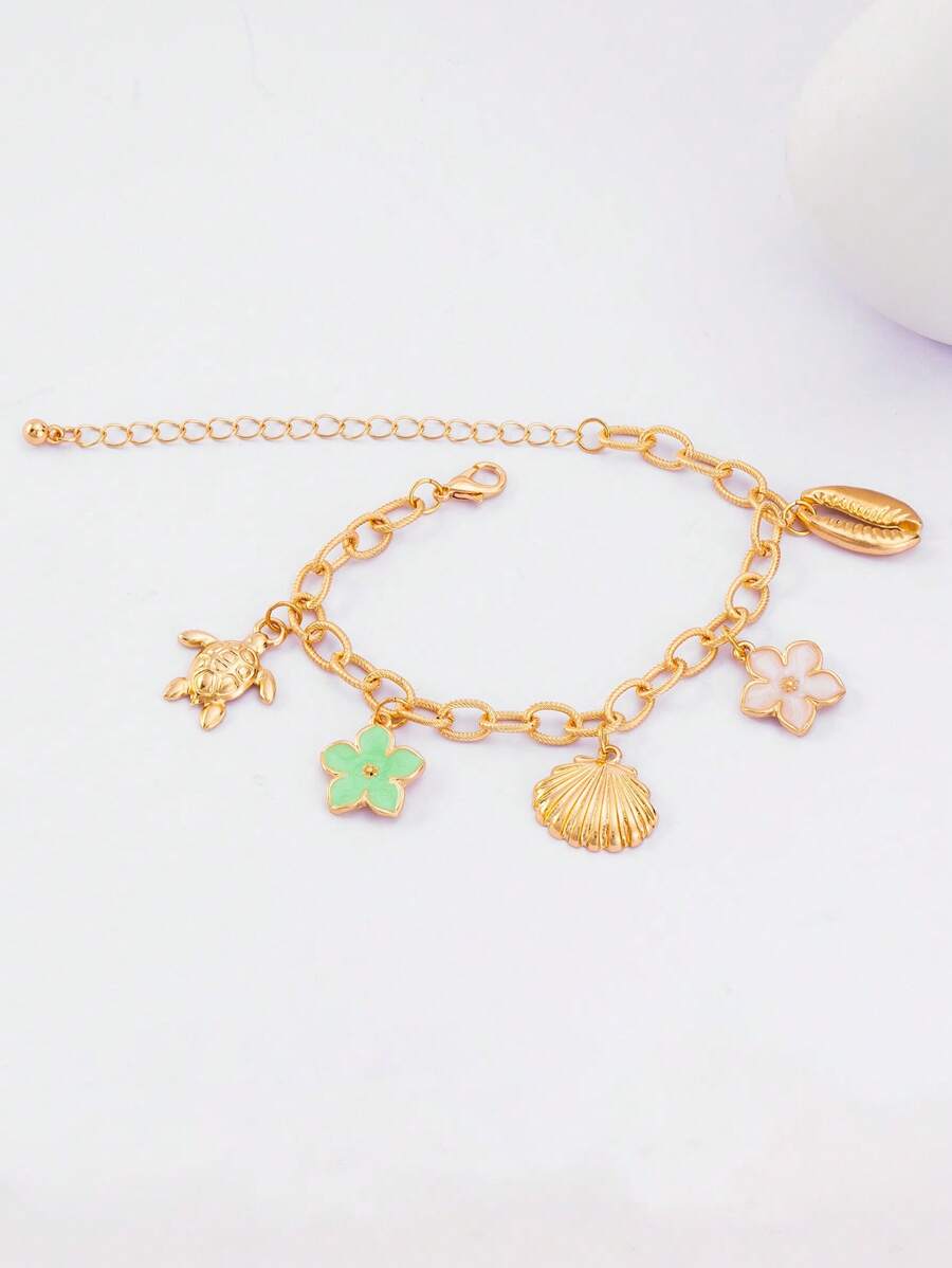 1 pieza Collar de acero inoxidable con estilo de playa oceánica dorada con colgante de tortuga marina, concha de mar, piña, concha natural, estrella de mar y concha espiral, acompañado de una pulsera de cadena gruesa para mujeres