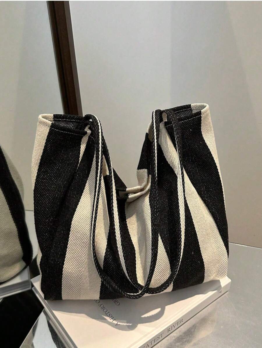 Chic Retro Striped Canvas Tote Bag, Large Capacity Spacious & Versatile, Ideal For Work, School Or Outing, School Bag, Beach Bag (Random Color Placement Of Vertical Stripes)
