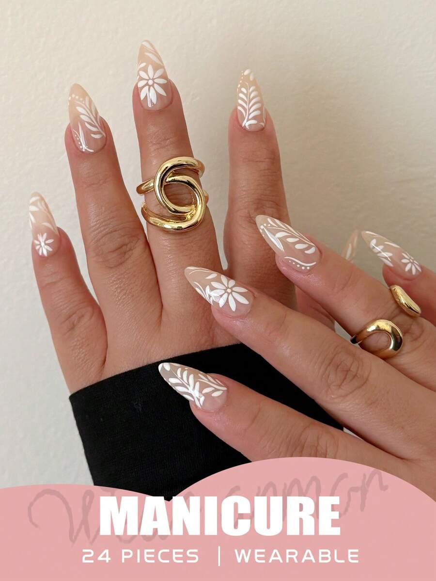 French Tip Floral Press On Nails 24Pcs | Almond Full Cover With Chrysanthemum & Leaf | Simple Elegant Summer Nails | W/Jelly Glue & Nail Buffer | Reusable For Women Girls Daily To Party