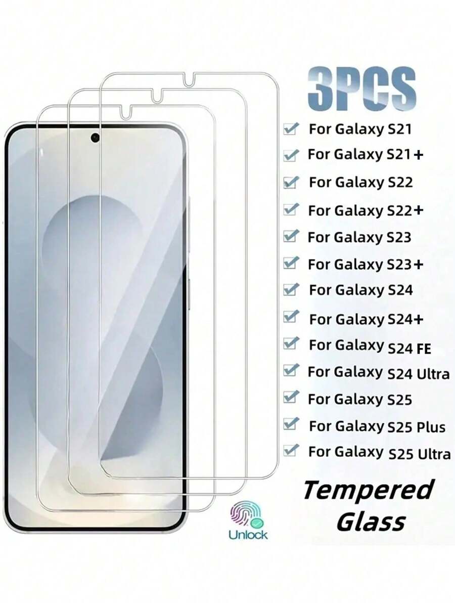 3 piezas Protector de pantalla de vidrio templado para Galaxy S25 S24 S23 S22 S21 - Resistente a arañazos 9H, superficie suave, compatible con desbloqueo de huella dactilar ultrasónica, fácil instalación