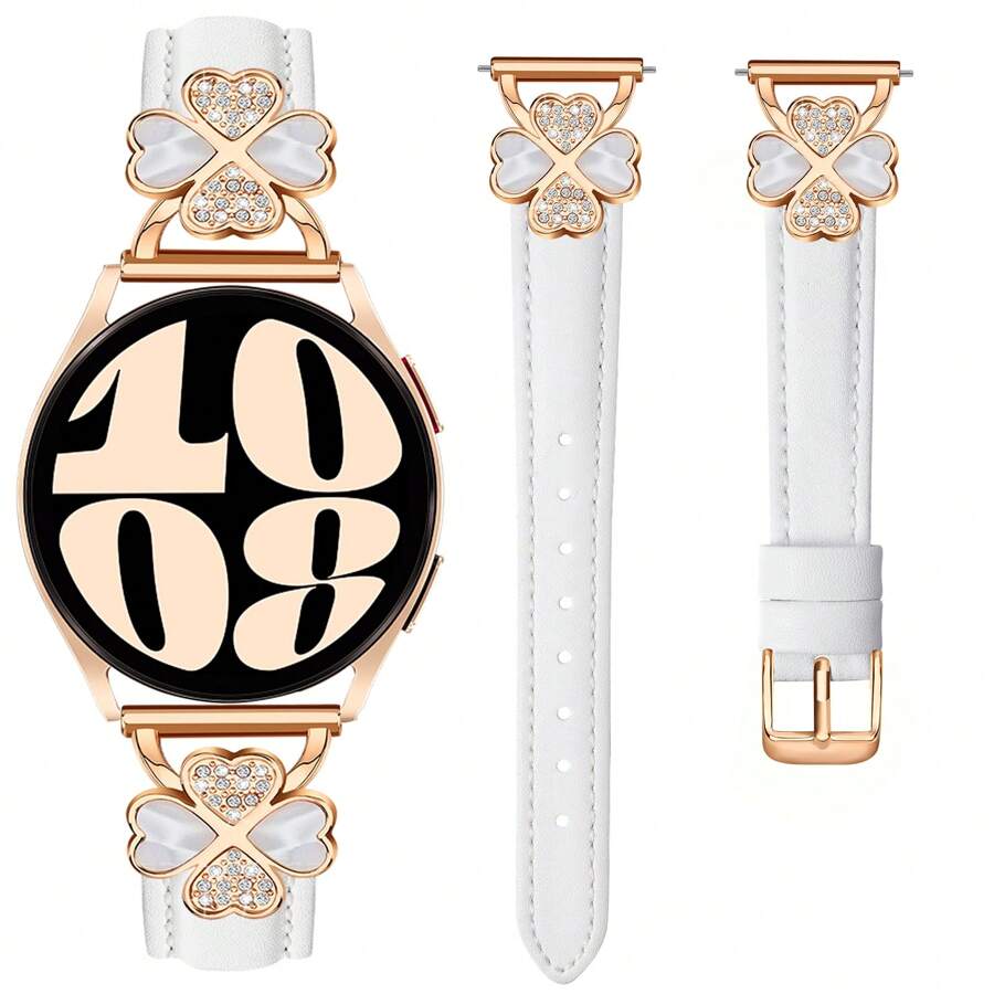 pulseira feminina para Galaxy Watch compatível com relógios 7/6/5/4 (40 mm/45 mm) e Classic (43 mm/50 mm) e Pro (45 mm) - Design de diamante trevo de quatro folhas da sorte - Pulseira fina e respirável e confortável - Moda elegante e fofa, multicolorida - À prova de suor e hipoalergênica - Pulseira de substituição premium para negócios/encontros/casamentos/uso diário - Melhor presente para ela