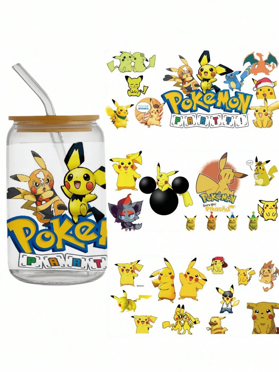 pokemon Pokemon, Pikachu Cartoon PVC Aufkleber, UV DTF Transfer, Wasserfest selbstklebend, glatte Oberfläche, geeignet für Glasflaschen, Dosen, Tassen - Form rechteckig, Cartoon Muster (ohne Flaschen)