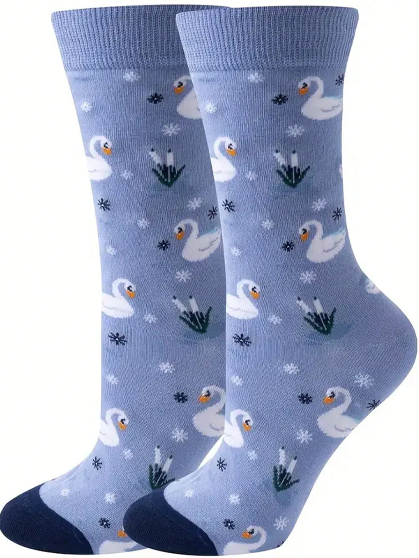 1 par de calcetines azul claro para mujeres - Cisne invernal con patrón de copos de nieve, suaves y elásticos para mayor comodidad, lavar a mano, accesorios de moda para clima frío, calcetines navideños para un ajuste cómodo