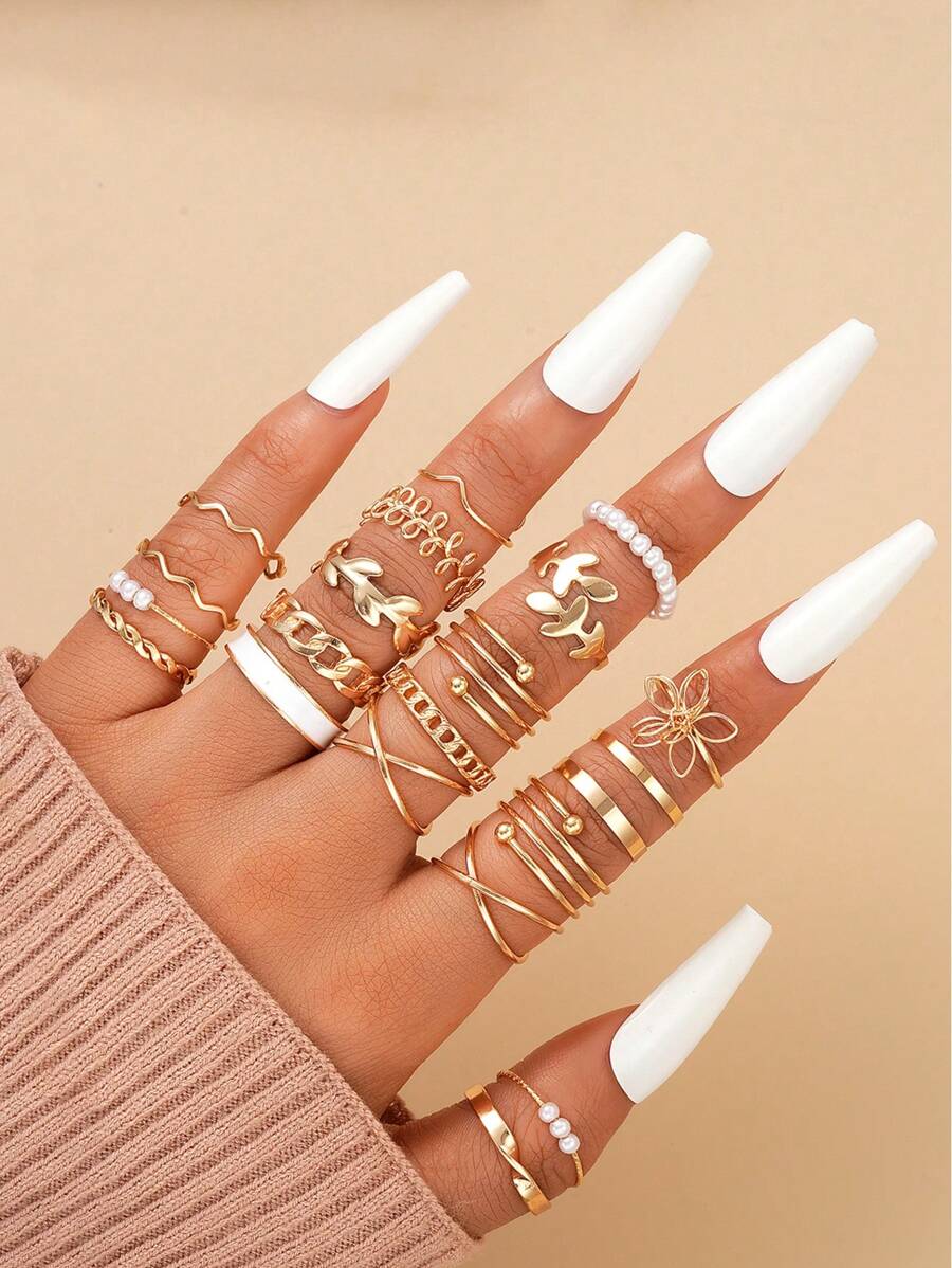 Set de 21 piezas de anillos geométricos de metal con flores, perlas y hojas para mujeres, joyería creativa adecuada para uso diario, boda, fiesta, vacaciones, playa, regalo para novia, mamá, amigos (sin caja)