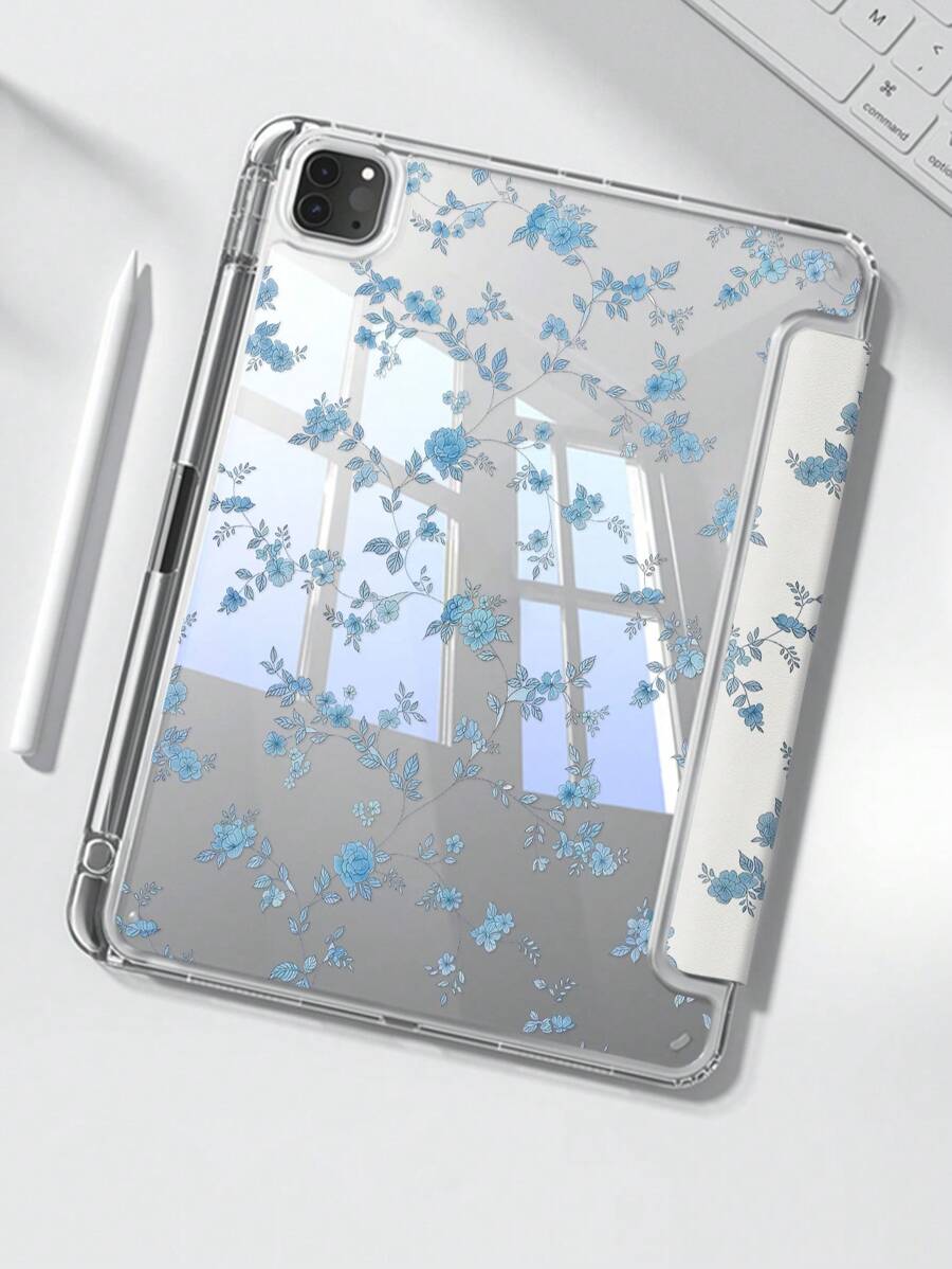 Eine schöne doppelseitig farbig bemalte, blaue Blumen-Acryl-Kristall-Rückseite, stoßfest, geeignet für iPad 7. Generation, 8. Generation (10,2 Zoll), 10. Generation Schutzhüllen, integrierter Stiftschlitz, unterstützt Schlaf- und Aufwachfunktionen/mehrfache Stehfunktionen, Geschenk für Feiertage, Geschenk zum Neuen Jahr.