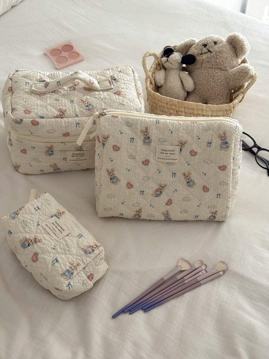 Borsa per il trucco con stampa di coniglio blu a forma di cuore, in tessuto morbido con cerniera, dolce e carino, borsa da toilette per uso domestico, da viaggio e quotidiano per le donne, elementi essenziali da viaggio, vacanza estiva, ritorno a scuola, borsa per la scuola, borsa da viaggio per le donne, borsa da viaggio per il trucco