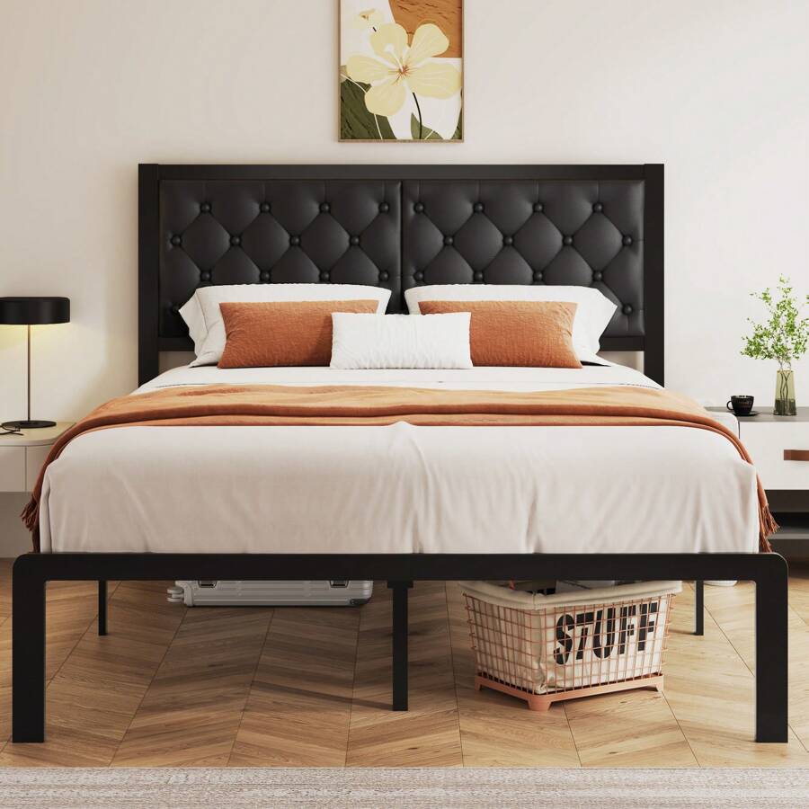 Estructura de cama Queen Gunji con cabecero acolchado, estructura de cama metálica de plataforma con almacenamiento debajo de la cama, sistema de soporte totalmente metálico, sin necesidad de caja de resortes, sin ruido, fácil montaje, gris oscuro