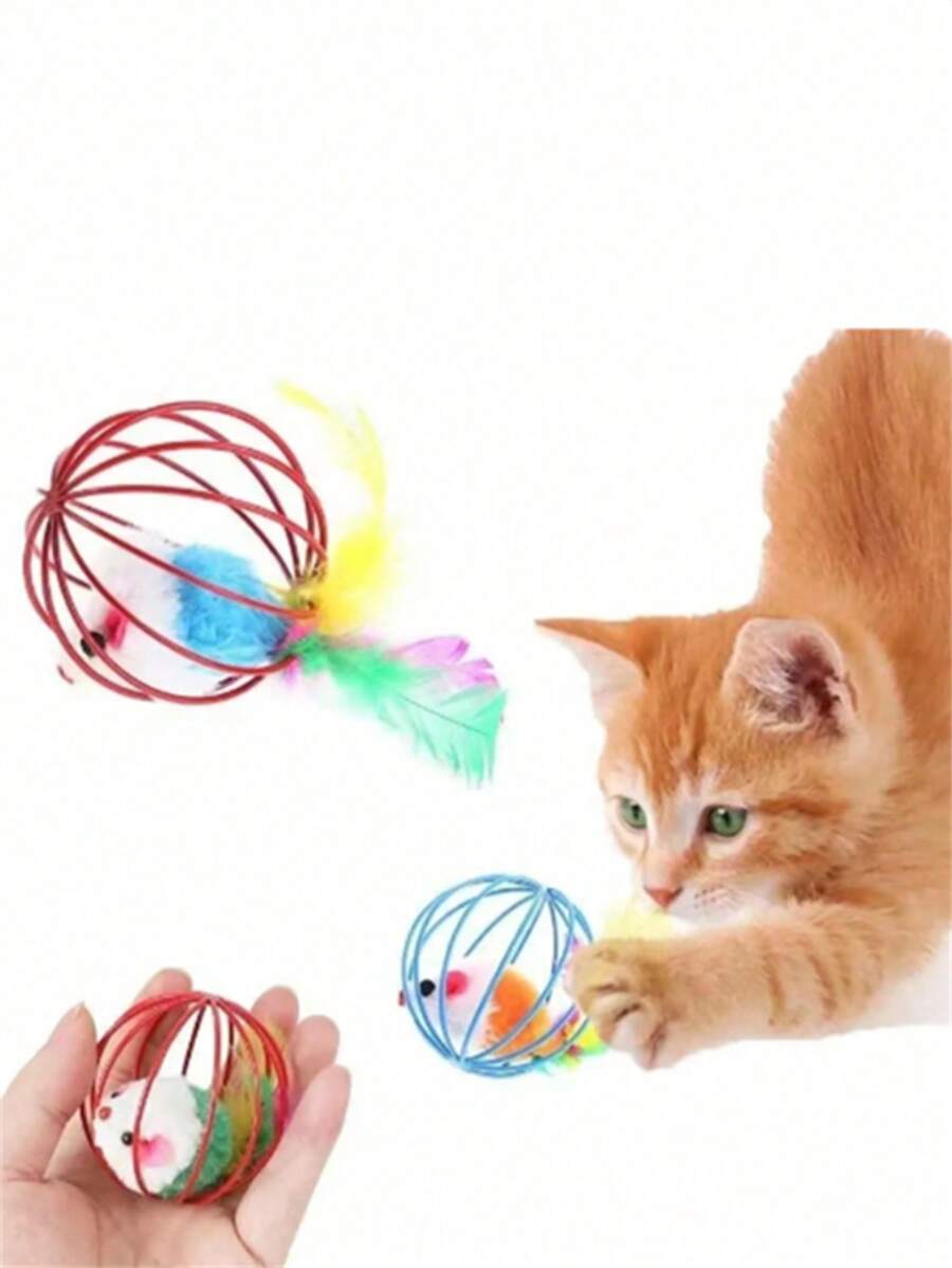 1pc Random Color Colorful Mouse Balls Cat Toy, Cat Teaser Mouse Toy, Feather Cat Toy, Indoor Cat Toy