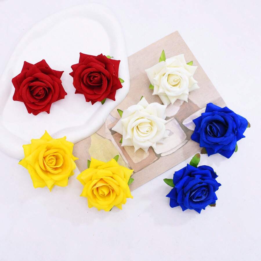 4 pares de pendientes elegantes con flores de rosa de terciopelo, aretes con flores 3D exagerados, joyería nupcial de alta gama, accesorios de moda, regalo de estilo vacacional para mujeres