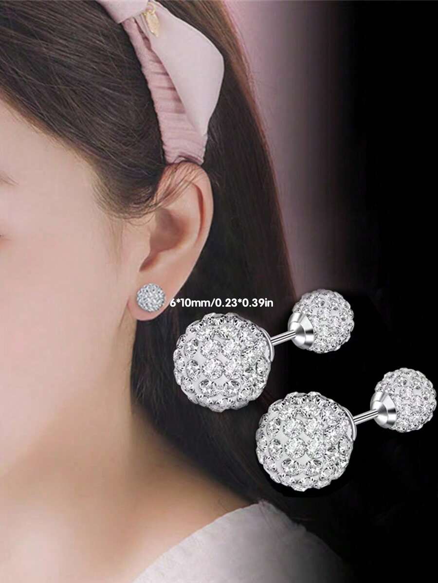 1 par de brincos de bola dupla de prata esterlina S925 para mulheres, brincos pendurados na frente e atrás com diamantes, brincos de gancho