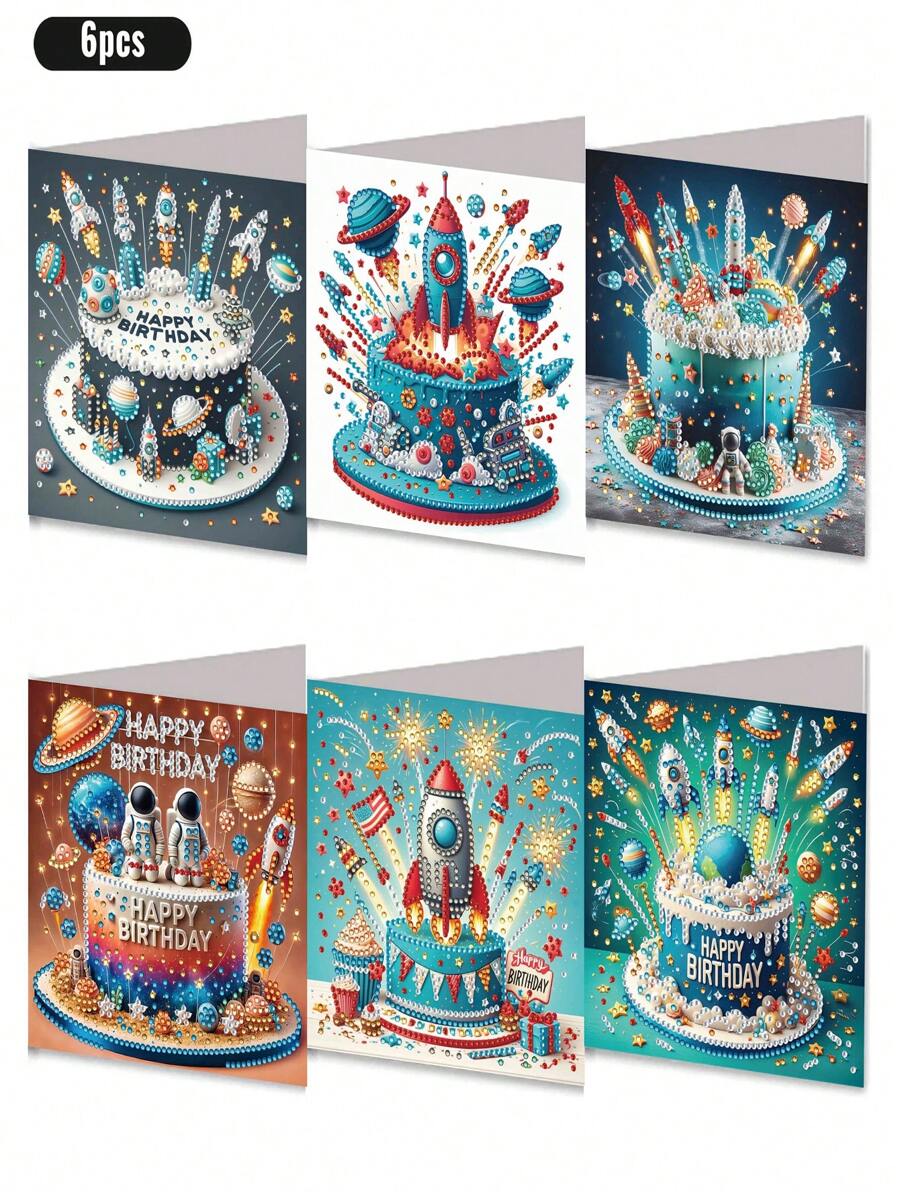 6pcs/Set Birthday Theme DIY Diamond Painting Greeting Cards, Unique Rhinestone Painting Handmade Craft Cards With 6 Envelopes, Premium Quality Materials For Holiday And Special Occasion, Express Warmth & Best Wishes