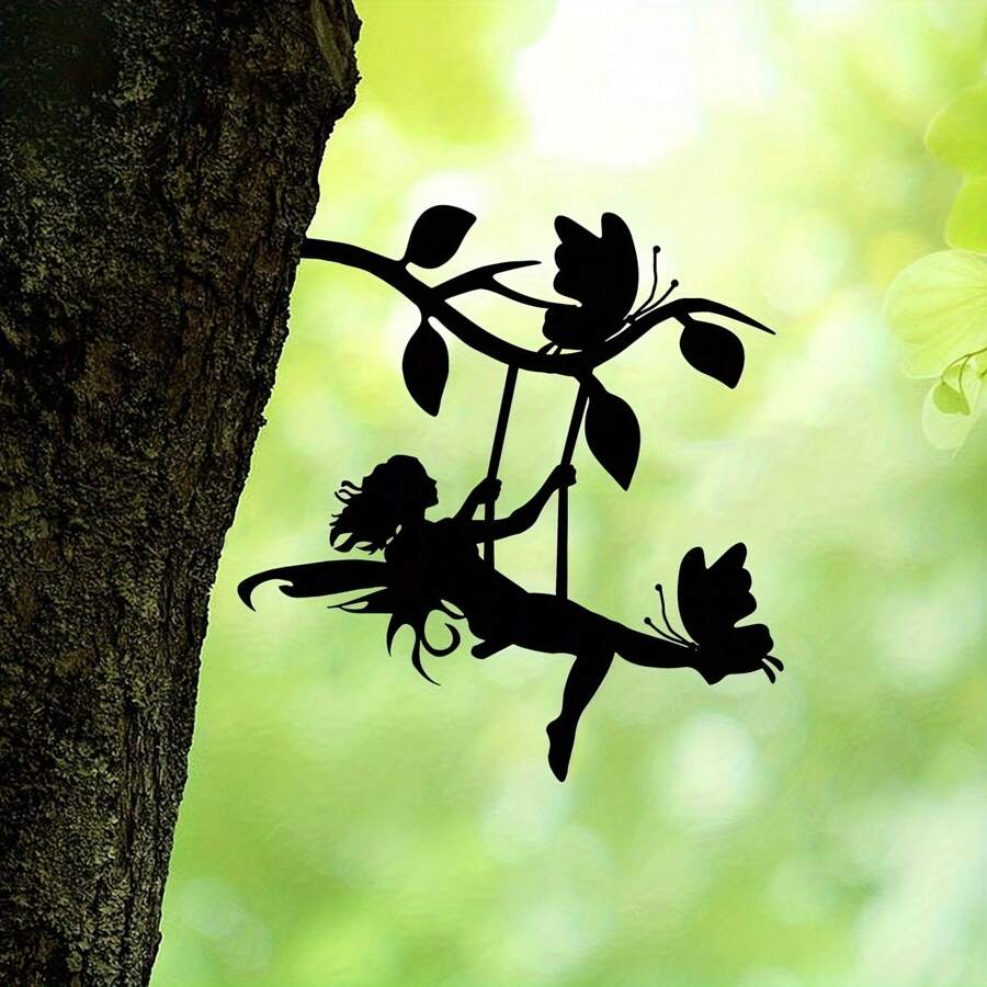 1 buc leagăn pe ramură din oțel siluetă metalică decor de perete casă grădină curte terasă exterior statuie țăruș decor perfect pentru zile de naștere, cadouri de casă nouă, decor de artă pentru curte