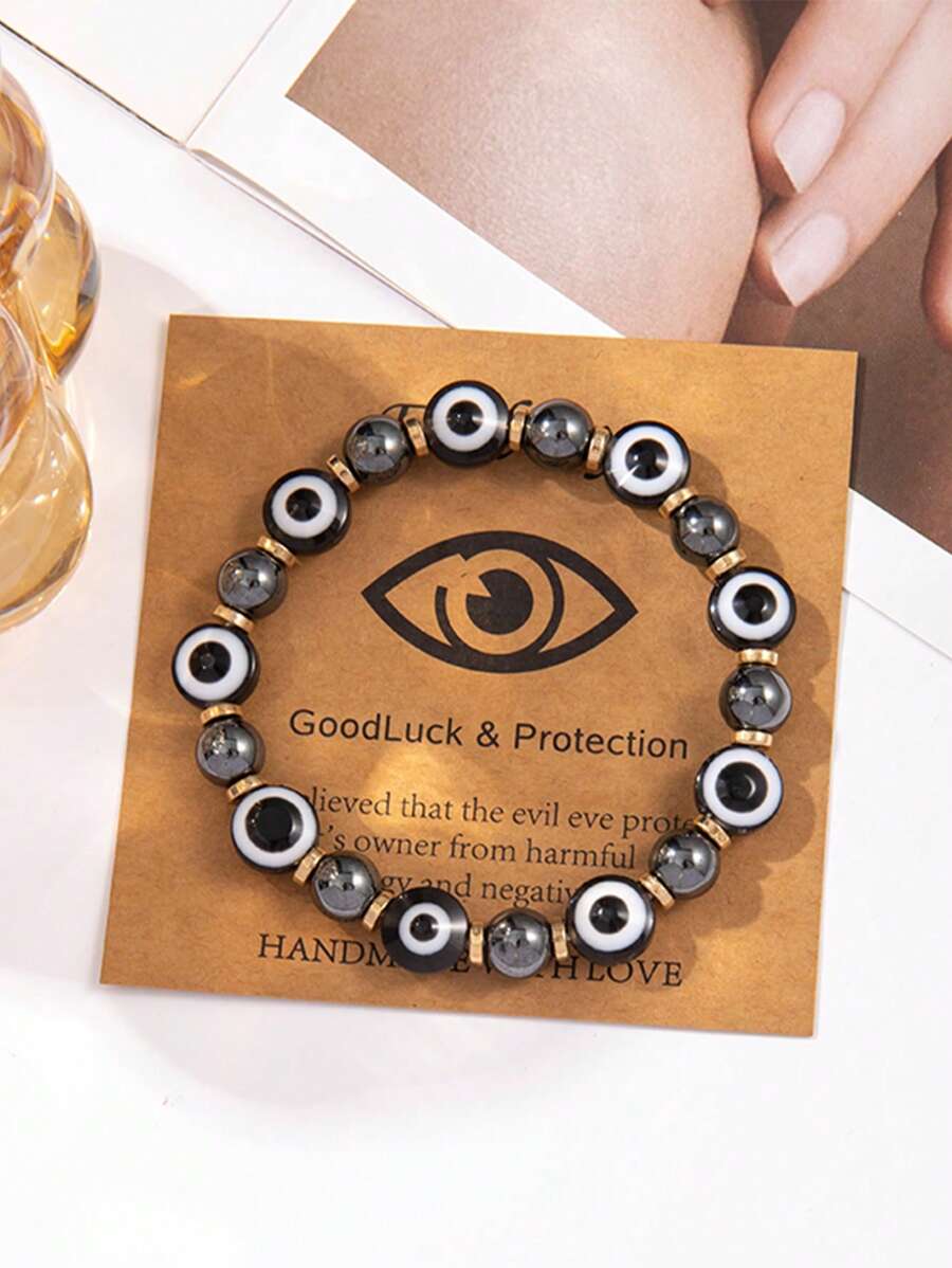 1pc Fashionable Obsidian Acrylic Evil Eye Good Luck Beaded Stretch Bracelet For Women, Suitable For Daily Wear