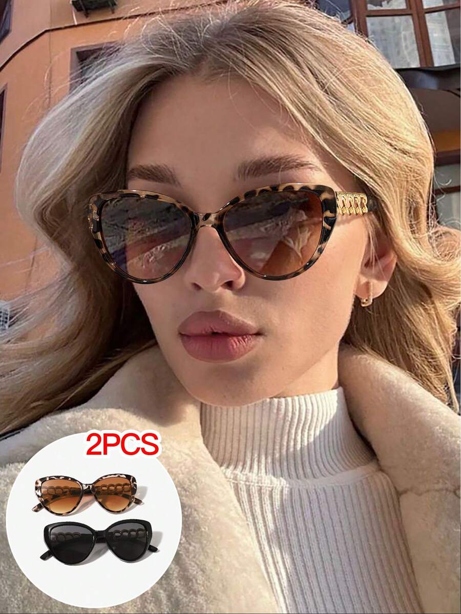 2 Stück Damen elegante Katzenauge-Schnitt Beine modische Leopardenmuster Sommer Sonnenbrillen, geeignet als Y2K-Accessoire und Geschenk zur Graduierung