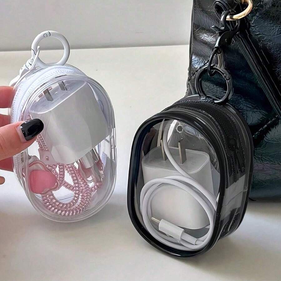 Transparent PVC Waterproof Heart-Shaped Cable And Earphone Storage Bag - Electronic Accessories Organizer Bag With Key Ring For Summer Holiday Travel, Outdoor Activities Cable Organizer, Travel Essentials