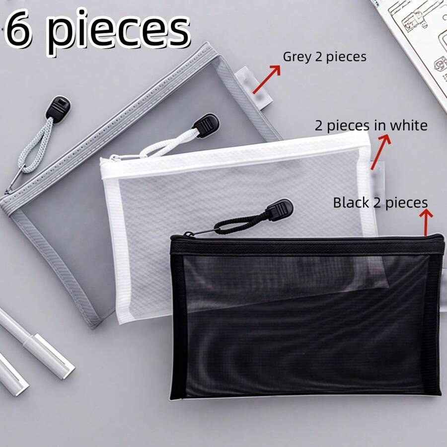 6pcs Transparent Mesh Pencil Case, Exam Use Clear Office Desk Stationery Storage Box, Back To School Gift For Friends,Pencil Pouch,School Bag