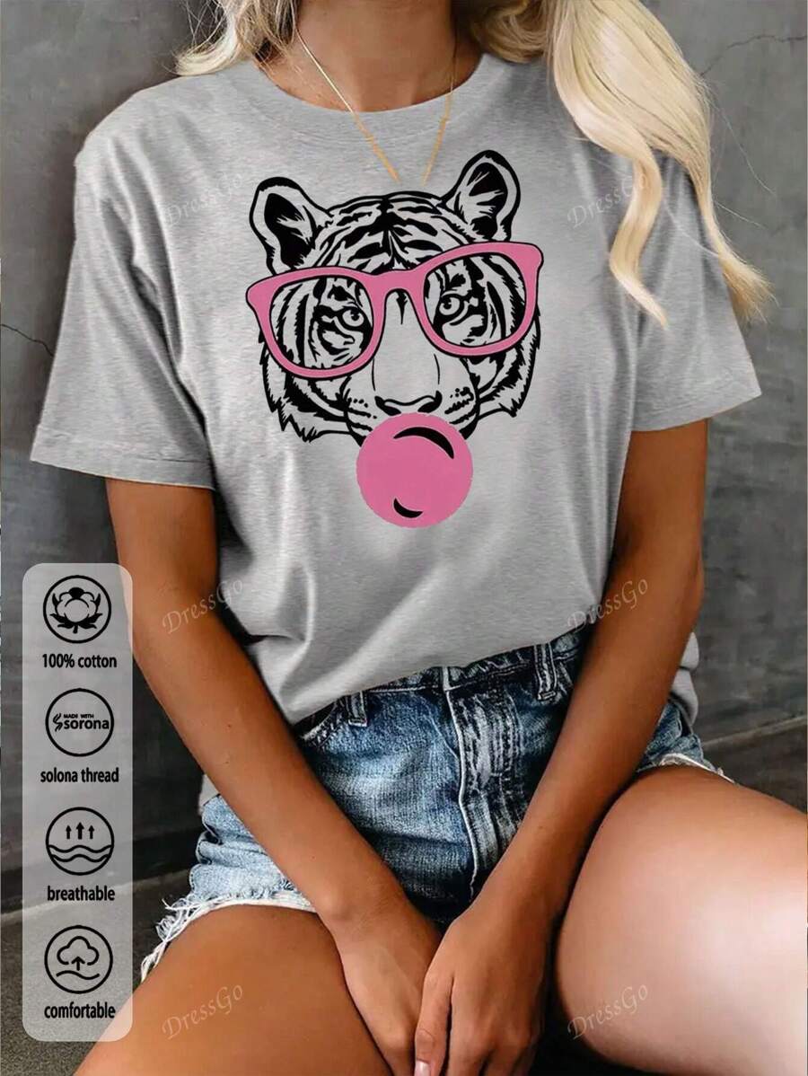 Tigre, occhiali da sole, t-shirt da donna in cotone a coste, stile college, primavera estate, nuova maglietta sportiva da donna, drappeggiata, alla moda, morbida e traspirante, aderente, a maniche corte e molto elasticizzata