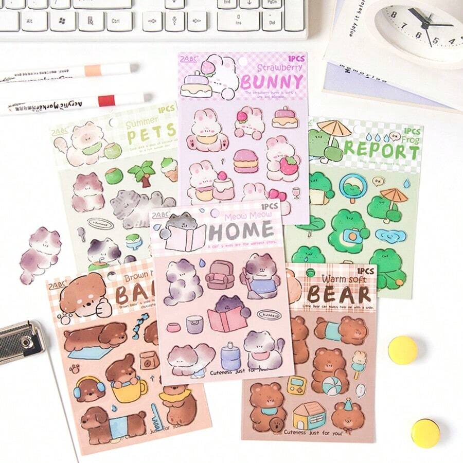 12pcs Glittery Star Series Reusable Stickers With Frog, Rabbit, Seal, Pig, Teddy Bear Asymmetrical Shape, Matte Plastic Surface For Scrapbooking, Laptop, Water Bottle, Crafts School Supplies,Back To School