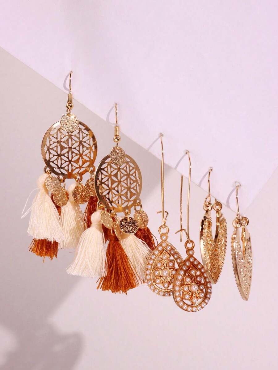 3 Pairs Fashionable Versatile Elegant Creative Vintage Bohemian Geometric Hollow Tassel Earrings Set, Suitable For Women's Daily, Party, Summer Beach Holiday, Festival Jewelry