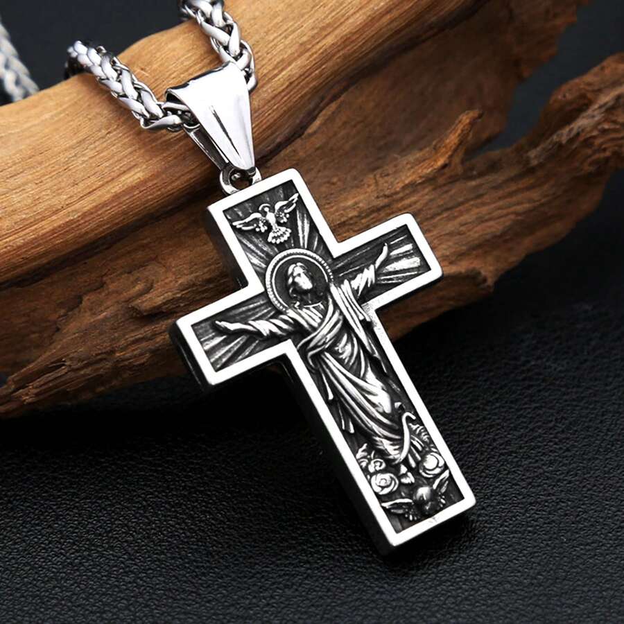 1pc Vintage Stainless Steel Jesus Cross Pendant With 60cm Chain, Suitable For Both Men And Women For Daily Wear