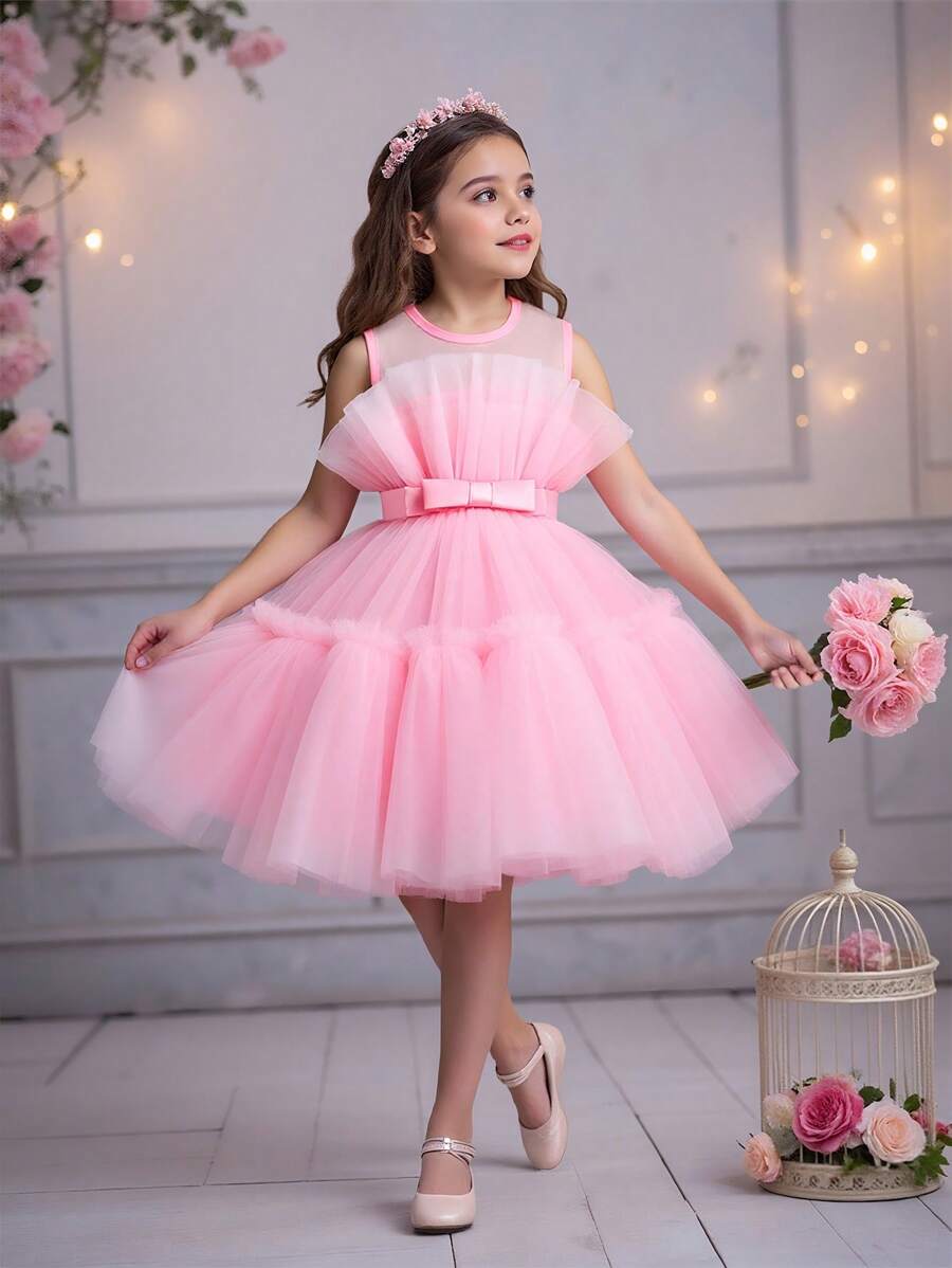 Gonna di tulle soffice di colore unito con fiocco in vita, abito elegante e carino adatto per feste di compleanno, senza cerchietto