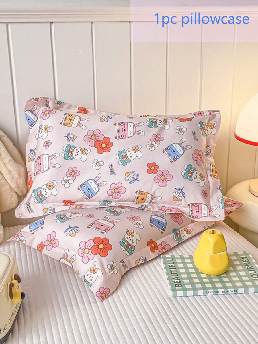 1pc Rabbit, Flower, Car Pattern Pillowcase, Cartoon Cute 100% Cotton Pink Pillowcase, Moisture Wicking Breathable Wide Envelope Pillowcase, (Without Inner), For Children & Teenagers, Suitable For All Seasons