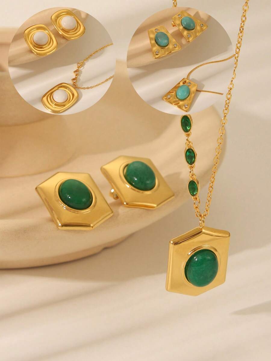 Juego de 3 piezas de collar colgante de acero inoxidable con baño de oro de 18 quilates, piedra de ojo de gato verde y forma geométrica de rombo, joyería de estilo europeo y americano de moda adecuada para regalo de mujer para fiesta y cumpleaños