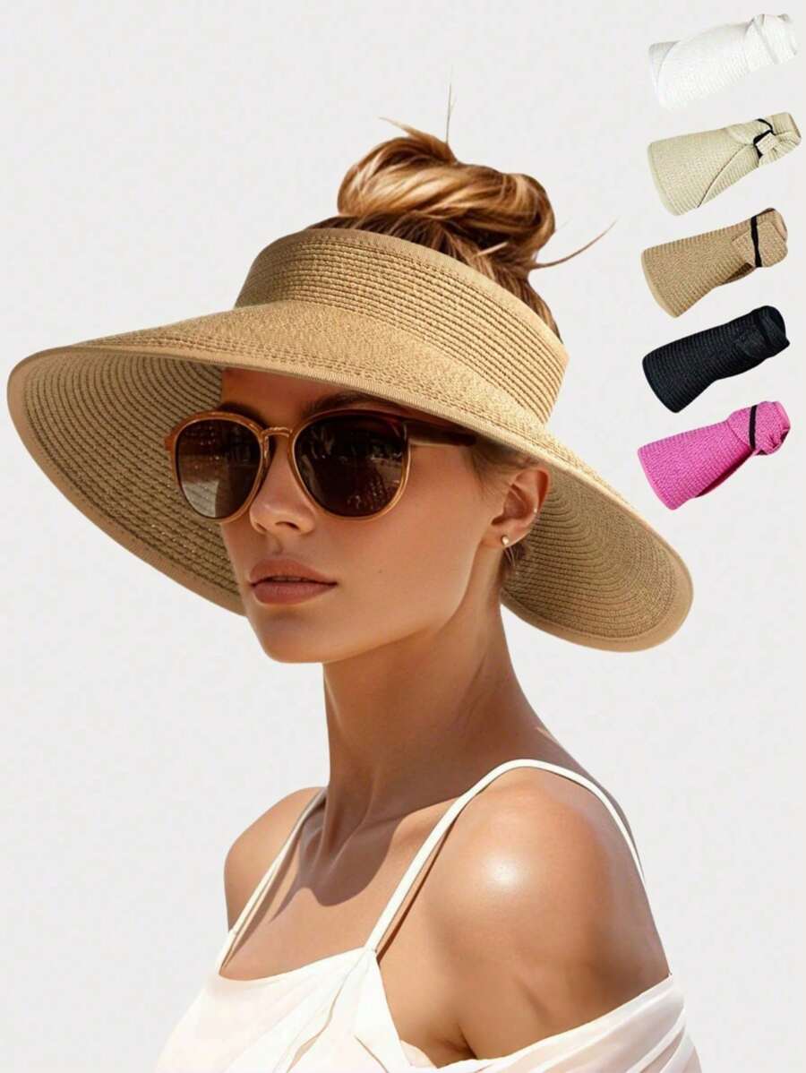 Women's Sun Visor Hats Wide Brim Straw Beach Hat Ponytail Hats For Women Foldable Floppy