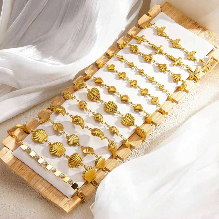1pc Stainless Steel Shell Wave-Shaped Gold-Plated Minimalist Beach Resort Bracelet