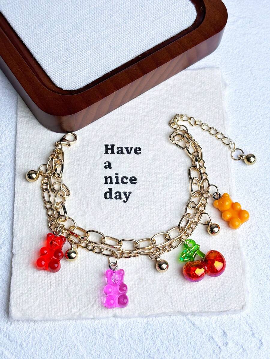 1 peça de pulseira com pingentes de urso de dopamina, com decoração de cereja e dupla camada, para mulheres, adequada para férias, festas, uso diário, acessório de pulseira com corrente de resina e metal