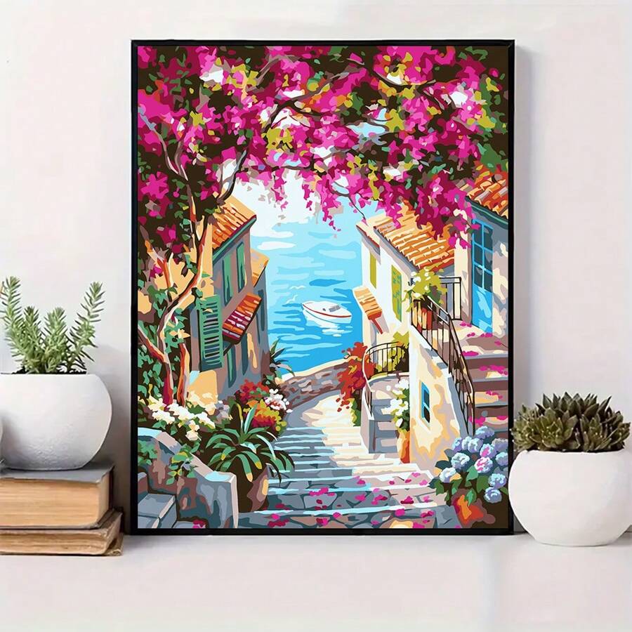 DIY Digital Oil Painting Kit For Adults, 40x50cm, Includes Paint And Brushes, Great For Stress Relief, Paint By Numbers, Handcraft Filling Numbers, Romantic Seaside Town Landscape Design, Room Decor Wall Craft, Mural, Beginner Painting, Ideal Gift For Friends (No Frame)