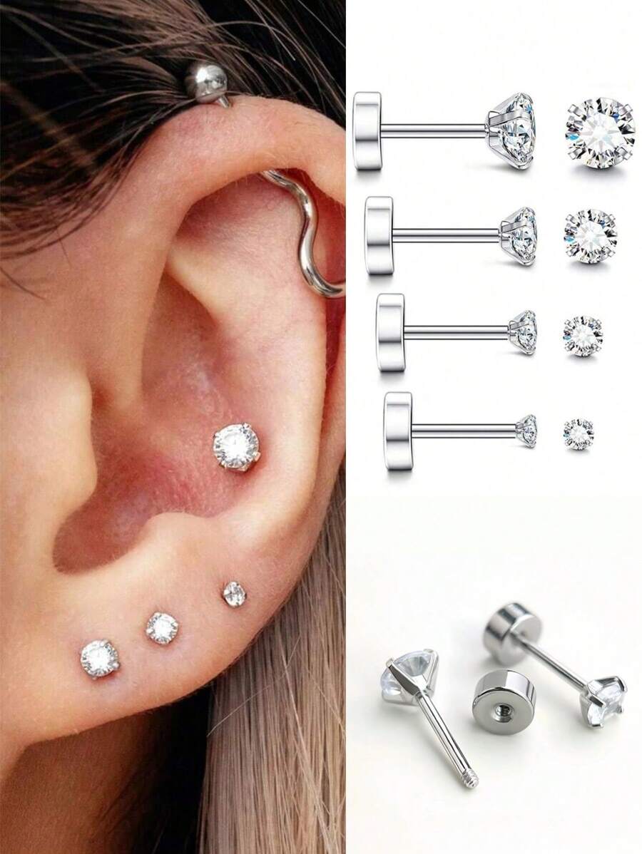 2/8 piezas Aretes con tachas de acero inoxidable hipoalergénico con CZ transparente incrustado, 20G rosca interna Labrete Medusa Conch Trago, 3mm 4mm 5mm 6mm, decoración de joyería de piercing para mujeres y hombres