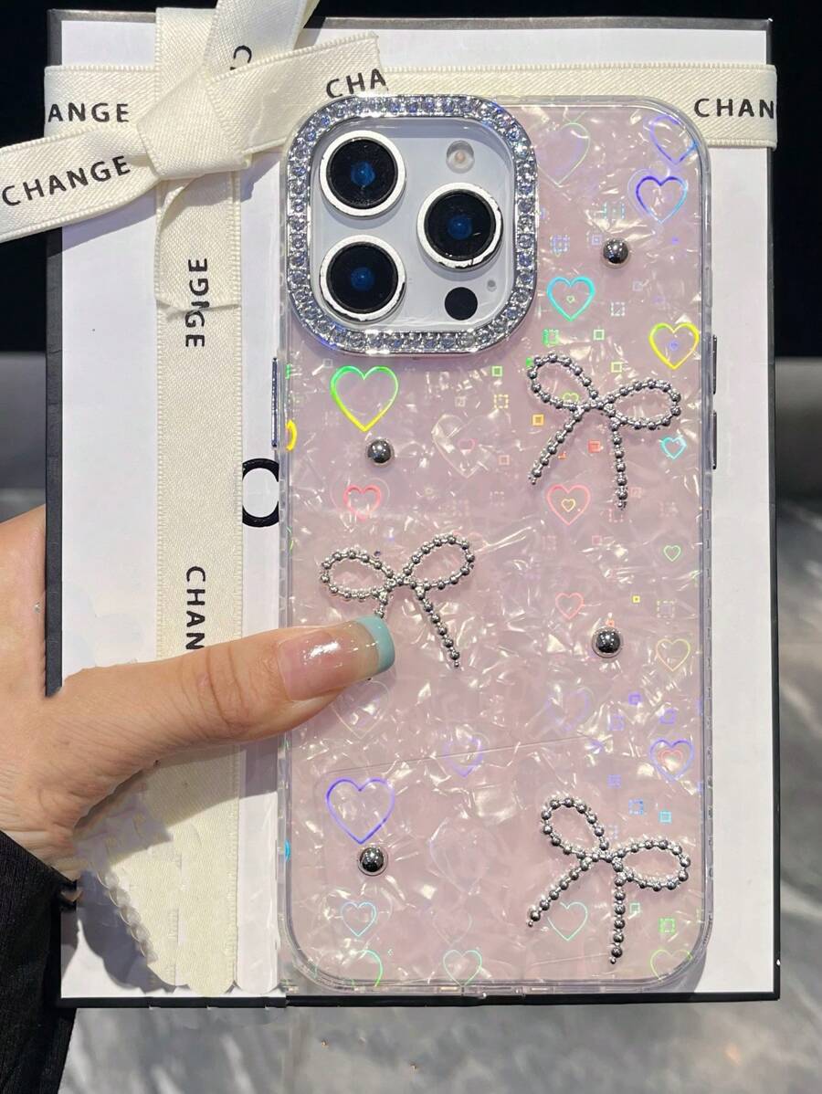 Funda de teléfono de lujo compatible con iPhone 16, 15, 14, 13, 12 Pro Max, 11 con diseño de concha de perlas 3D, lazo, brillo y cristales, cubierta trasera brillante