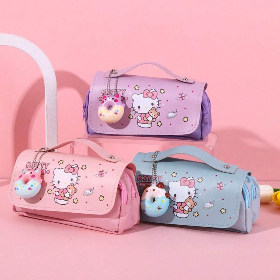 Sanrio 1pc Sanrio Pencil Case, Large Capacity Hello Kitty Stationery Bag, Multifunctional, Dual-Zipper, Handheld Pen Pouch, Stress Relief Pencil Case, Stationery Box Cosmetic Bag, Large Capacity Storage Bag, Student Pencil Case, School & Daily Use, Back To School Gift, Award