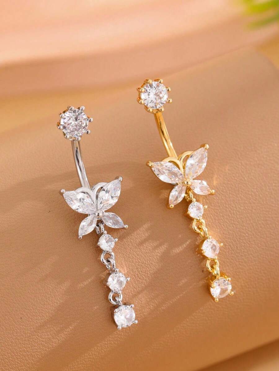 Crystal Butterfly Belly Button Ring Long Pendant Navel Piercing Jewelry