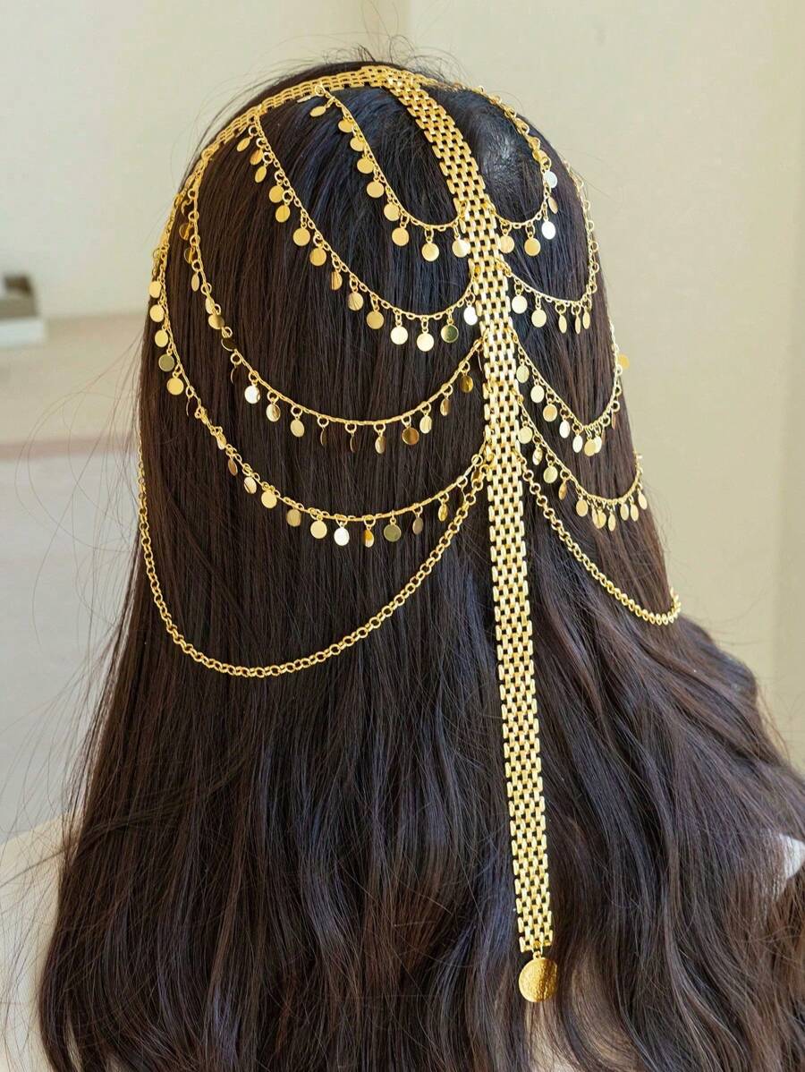 1 pieza Gargantilla con múltiples capas y flecos chapada en oro, estilo de Oriente Medio y árabe, tocado nupcial, accesorio de lujo para el cabello para mujeres turcas y kurdas, regalo