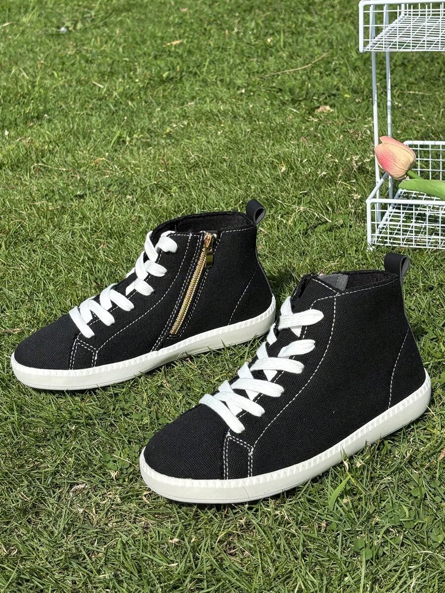 1 Pair Sports Shoes With Lace-Up And Zipper, Comfortable