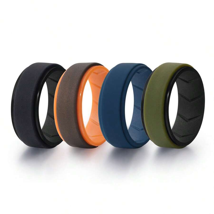 4 Packs Men's Silicone Rings Wedding Band Rubber Ring Fit Size 7-15, Comfortable, Durable & Stylish For Active Lifestyles 8mm Wide 2mm Thick