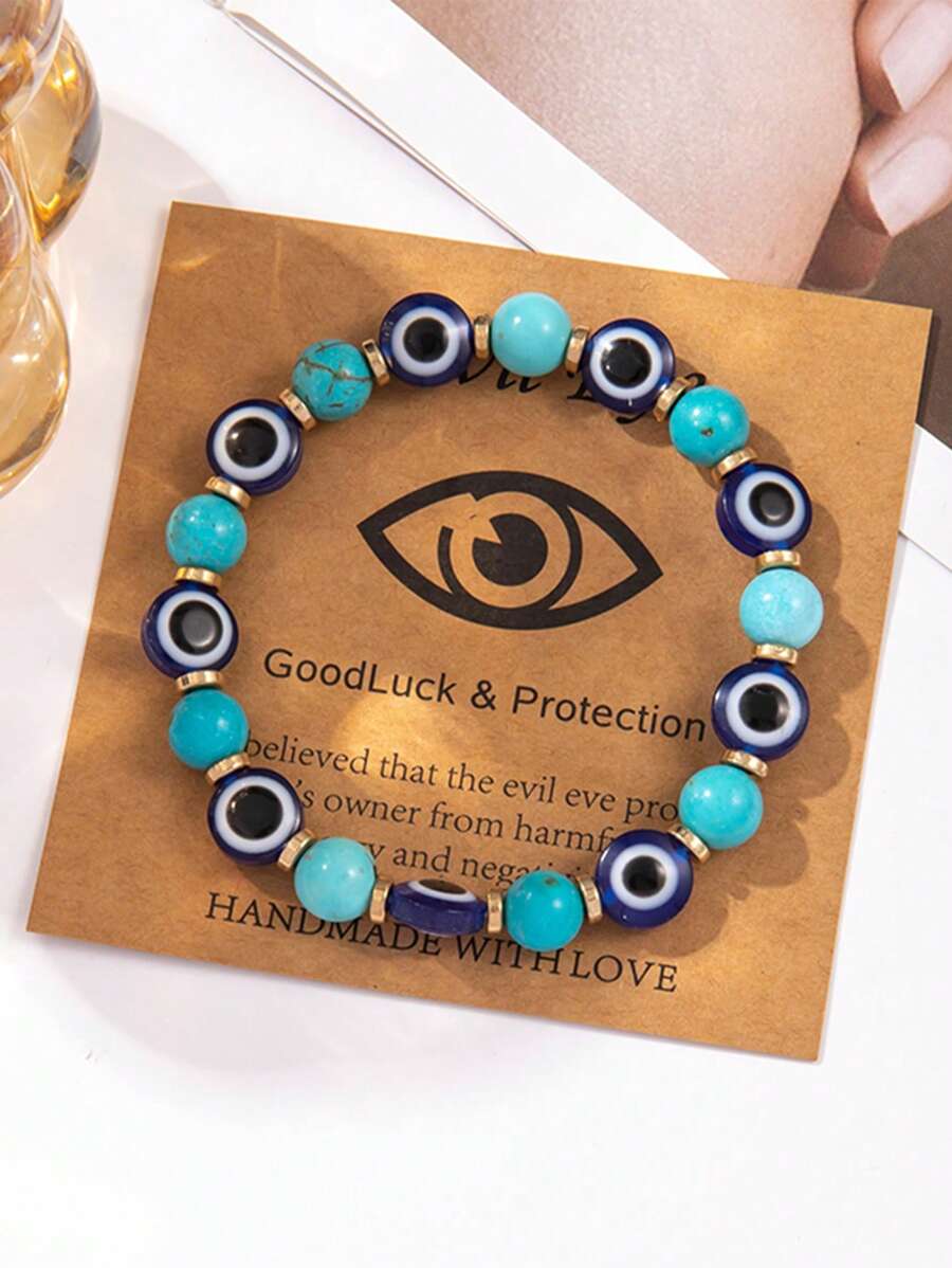1pc Stylish & Elegant Black Obsidian Acrylic Devil's Eye Beaded Elastic Bracelet For Women, Suitable For Daily Wear