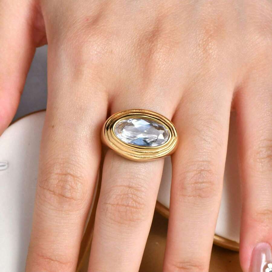 1 Stück minimal vielseitiger Mode Strass Edelstahl 18K-plattierter augenförmiger Zirkonia Siegelring