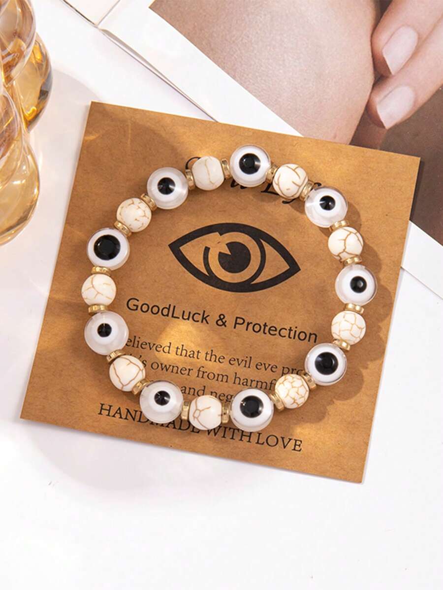 1pc Fashionable Obsidian Acrylic Evil Eye Lucky Beaded Elastic Bracelet, Suitable For Daily Matching