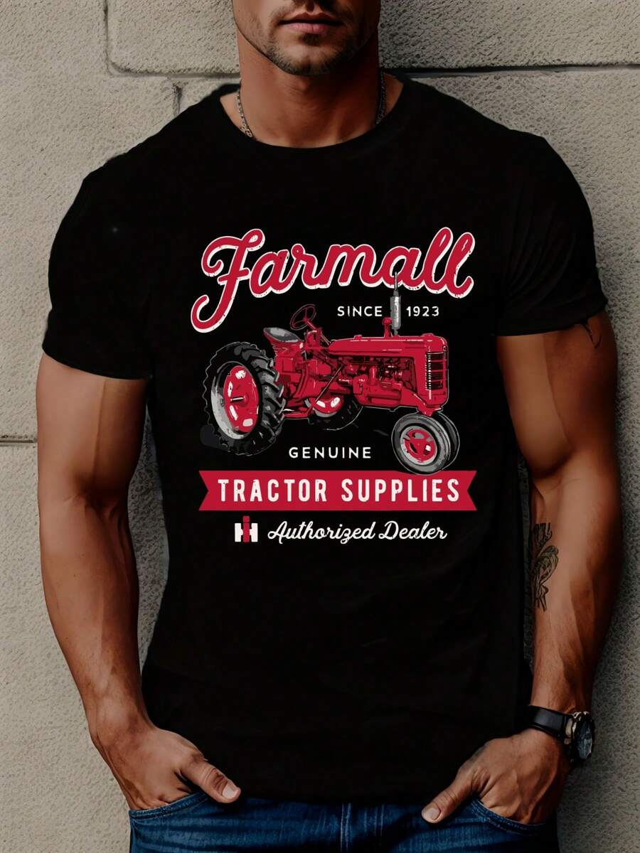 T-shirt vintage Farmall Tractor, t-shirt da uomo a girocollo, 220 g/m², per l'estate, in puro cotone, maniche corte (1 pezzo)