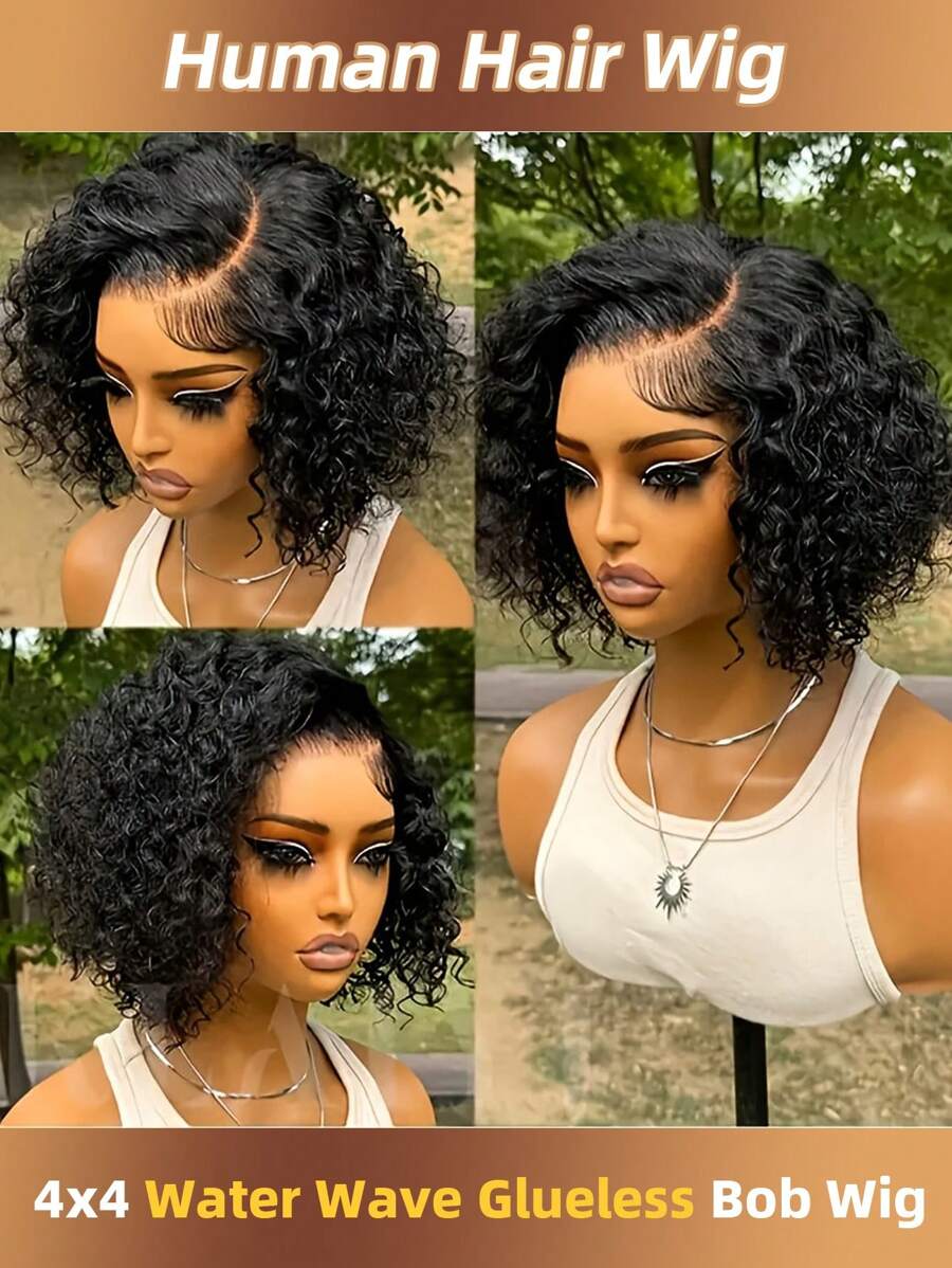 Peruca Bob Sem Cola de 12" Onda de Água com Densidade de 180%, Cabelo Natural com Frente de Laço 4*4 Pré-Arrancado e Descolorido, Tira Ajustável para Ajuste Seguro - Fácil para Iniciantes, Sem Necessidade de Cola, Adequada para Todas as Etnias