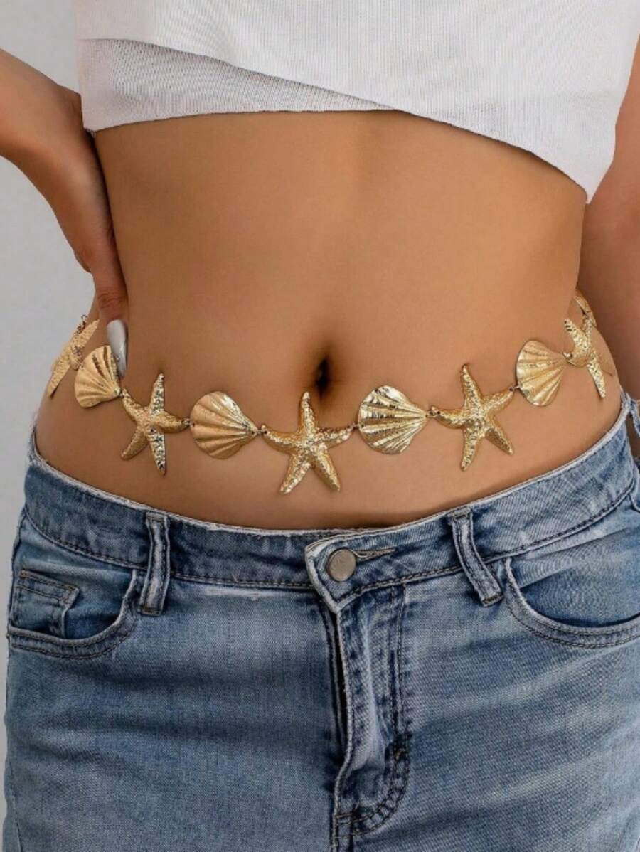 1 pièce Chaîne de taille décorative avec étoile de mer et coquillage élégante, convient pour le port lors de vacances à la plage pour femmes