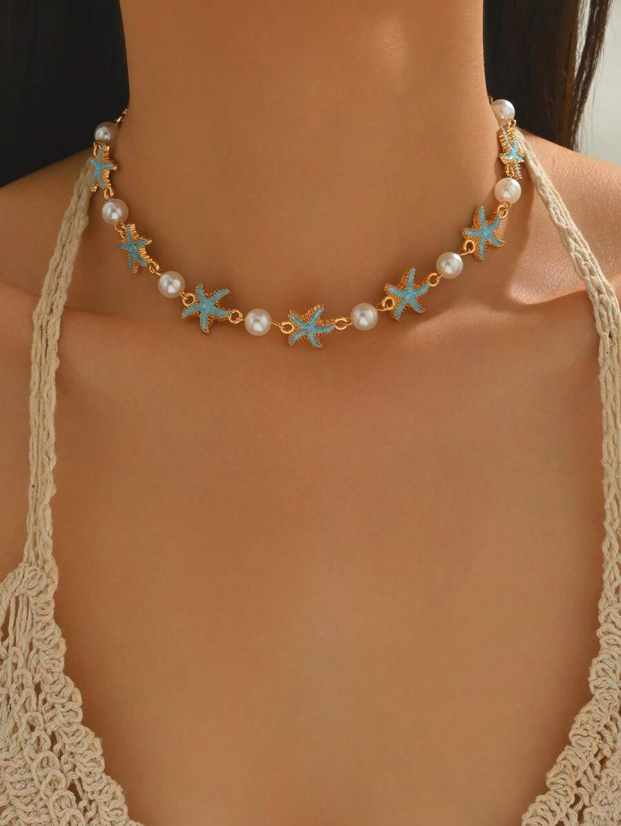 1 Stück Handgefertigte klassische Faux Perlen Romantische Seestern Dekor Halskette, modischer Ozean-Stil Schmuck geeignet für den täglichen Gebrauch, Strand, Urlaub und Date-Outfits von Frauen